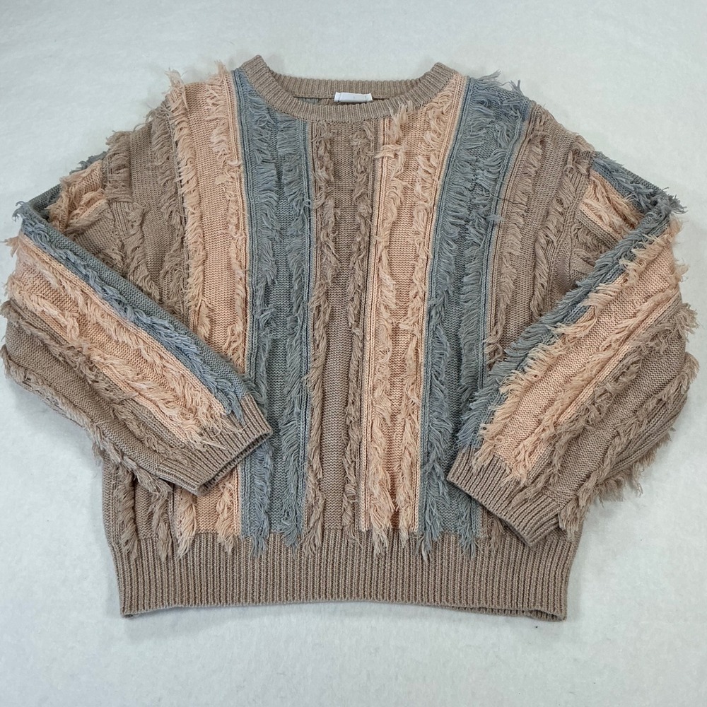 Storia Women Tan Pink Blue Fringed‎ Striped Cotton Knit Sweater ST2886 Size S